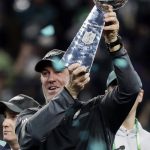 Philadelphia Eagles head coach Doug Pederson holds up the Vincent Lombardi trophy after winning the NFL Super Bowl 52 football game against the New England Patriots, Sunday, Feb. 4, 2018, in Minneapolis. The Eagles won 41-33. (AP Photo/Tony Gutierrez)