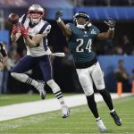 Philadelphia Eagles defensive back Corey Graham (24) breaks up a pass intended for New England Patriots wide receiver Chris Hogan (15), during the second half of the NFL Super Bowl 52 football game Sunday, Feb. 4, 2018, in Minneapolis. (AP Photo/Tony Gutierrez)