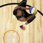 Dallas Mavericks' Dennis Smith Jr. eyes the goal during the NBA basketball All-Star weekend slam dunk contest Saturday, Feb. 17, 2018, in Los Angeles. (Bob Donnan/Pool via AP)