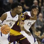 Washington guard Jaylen Nowell (5) drives past Arizona State guard Shannon Evans II, second from left, in the first half of an NCAA college basketball game, Thursday, Feb. 1, 2018, in Seattle. (AP Photo/Ted S. Warren)