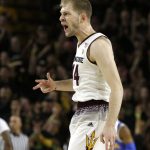 Arizona State guard Kodi Justice reacts after scoring against UCLA in the first half during an NCAA college basketball game, Saturday, Feb. 10, 2018, in Tempe, Ariz. (AP Photo/Rick Scuteri)
