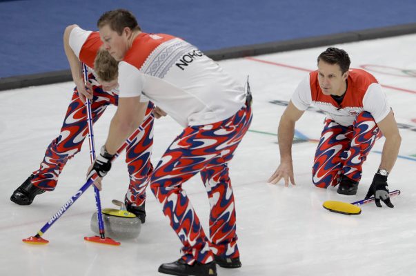 Norway curling team puts on pants without using hands