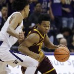 Arizona State guard Tra Holder, right, drives around Washington guard Matisse Thybulle, left, in the first half of an NCAA college basketball game, Thursday, Feb. 1, 2018, in Seattle. (AP Photo/Ted S. Warren)