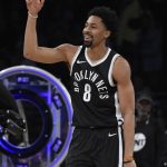 Brooklyn Nets' Spencer Dinwiddie gestures during the Skills Challenge, part of the NBA basketball All-Star weekend, Saturday, Feb. 17, 2018, in Los Angeles. Dinwiddie won the event. (AP Photo/Chris Pizzello)
