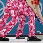 Norway men's curling team wear pants with heart-shape prints during their men's curling match against Japan at the 2018 Winter Olympics in Gangneung, South Korea, Wednesday, Feb. 14, 2018. (AP Photo/Aaron Favila)