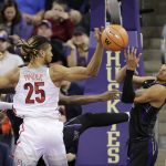 Arizona's Keanu Pinder and Washington's Dominic Green, right, reach for a rebound during the first half of an NCAA college basketball game Saturday, Feb. 3, 2018, in Seattle. (AP Photo/John Froschauer)