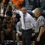 Arizona State head coach Bobby Hurley, center, disagrees with a call in the first half of an NCAA college basketball game against Oregon State in Corvallis, Ore., Saturday, Feb. 24, 2018. (AP Photo/Timothy J. Gonzalez)