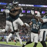 Philadelphia Eagles' Corey Clement, left, celebrates his touchdown catch during the second half of the NFL Super Bowl 52 football game against the New England Patriots Sunday, Feb. 4, 2018, in Minneapolis. (AP Photo/Matt Slocum)