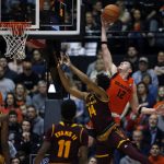 Oregon State's Drew Eubanks (12) goes high over Arizona State's Kimani Lawrence for the ball in the second half of an NCAA college basketball game in Corvallis, Ore., Saturday, Feb. 24, 2018. (AP Photo/Timothy J. Gonzalez)