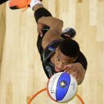 Dallas Mavericks' Dennis Smith Jr. competes during the NBA All-Star basketball slam dunk contest, Saturday, Feb. 17, 2018, in Los Angeles. (Bob Donnan/Pool via AP)