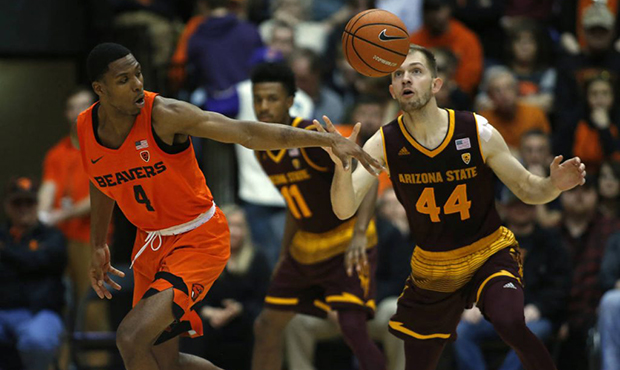 Arizona State's Kodi Justice (44) steals the ball from Oregon State's Alfred Hollins (4) in the sec...