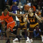 Arizona State's Kodi Justice (44) steals the ball from Oregon State's Alfred Hollins (4) in the second half of an NCAA college basketball game in Corvallis, Ore., Saturday, Feb. 24, 2018. (AP Photo/Timothy J. Gonzalez)