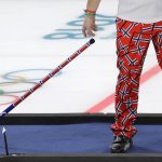 Norway's Christoffer Svae drops his stick during a break at their men's curling match against Sweden at the 2018 Winter Olympics in Gangneung, South Korea, Wednesday, Feb. 21, 2018. (AP Photo/Aaron Favila)