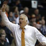 Oregon State head coach Wayne Tinkle shouts instruction to his team in the second half of an NCAA college basketball game against Arizona State in Corvallis, Ore., Saturday, Feb. 24, 2018. (AP Photo/Timothy J. Gonzalez)