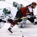 Arizona Coyotes right wing Richard Panik (14) has his shot blocked by Dallas Stars goaltender Kari Lehtonen, back right, as Stars right wing Alexander Radulov (47) defends during the third period of an NHL hockey game Thursday, Feb. 1, 2018, in Glendale, Ariz. The Stars defeated the Coyotes 4-1. (AP Photo/Ross D. Franklin)