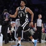 Brooklyn Nets' Spencer Dinwiddie dribbles during the NBA All-Star basketball Skills Challenge, Saturday, Feb. 17, 2018, in Los Angeles. Dinwiddie won the event. (AP Photo/Chris Pizzello)