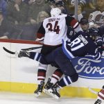 Arizona Coyotes' Zac Rinaldo (34) hits Winnipeg Jets' Kyle Connor (81) against the boards during first period NHL hockey action in Winnipeg, Manitoba Tuesday, Feb. 6, 2018. (Trevor Hagan/The Canadian Press via AP)