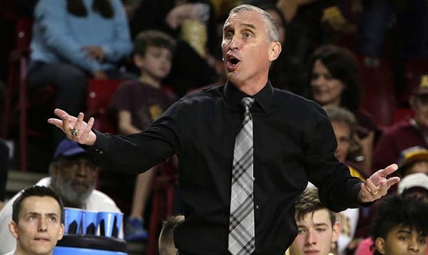 Arizona State head coach Bobby Hurley reacts to a foul call in the first half during an NCAA colleg...