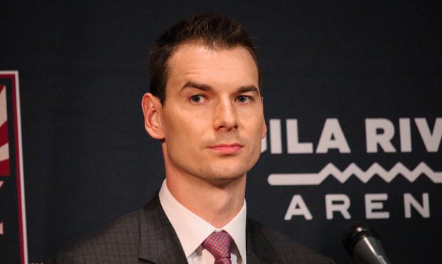 Arizona Coyotes general manager John Chayka speaks to the media at an introductory press conference...
