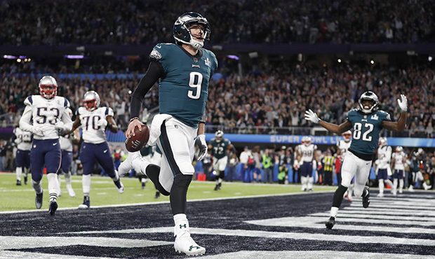Philadelphia Eagles quarterback Nick Foles celebrates his touchdown catch during the first half of ...