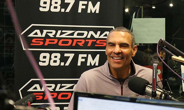 Arizona State football coach Herm Edwards talks during an interview with The Doug & Wolf Show on 98...