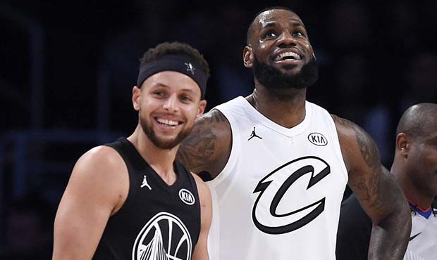 Team Stephen's Stephen Curry, left, of the Golden State Warriors, and Team LeBron's LeBron James, o...