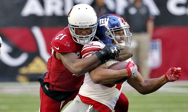 New York Giants wide receiver Sterling Shepard (87) is tackled by Arizona Cardinals cornerback Patr...