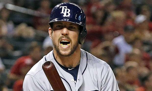 Tampa Bay Rays' Steven Souza Jr. shouts in frustration after striking out against the Arizona Diamo...