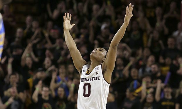 Arizona State guard Tra Holder (0) reacts after scoring against UCLA in the second half during an N...