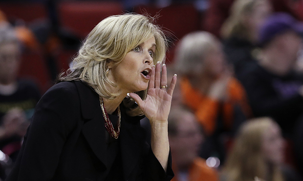 Arizona State head coach Charli Turner Thorne directs her team against Oregon State during the firs...