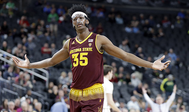 Arizona State's De'Quon Lake reacts to a call during the second half of an NCAA college basketball ...
