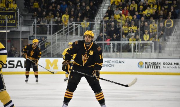 Dylan Hollman on the ice during a contest against the University of Michigan. (Photo courtesy Kylee...