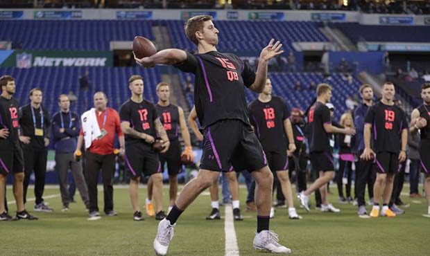 UCLA quarterback Josh Rosen throws during a drill at the NFL football scouting combine in Indianapo...