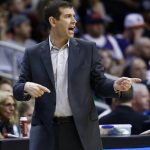 Boston Celtics head coach Brad Stevens shouts instructions to his players during the first half of an NBA basketball game against the Phoenix Suns, Monday, March 26, 2018, in Phoenix. (AP Photo/Ross D. Franklin)