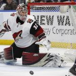 Arizona Coyotes goalie Antti Raanta makes a save during the third period of the team's NHL hockey game against the Buffalo Sabres on Wednesday, March 21, 2018, in Buffalo, N.Y. (AP Photo/Jeffrey T. Barnes)