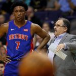 Detroit Pistons coach Stan Van Gundy talks with forward Stanley Johnson (7) during the first half of the team's NBA basketball game against the Phoenix Suns on Tuesday, March 20, 2018, in Phoenix. (AP Photo/Matt York)
