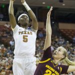 Texas forward Jordan Hosey (5) goes for a layup over Arizona State guard Courtney Ekmark (22) during a second-round game in the NCAA women's college basketball tournament in Austin, Texas, Monday, March 19, 2018. (Nick Wagner/Austin American-Statesman via AP)