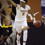 Texas forward Jordan Hosey (5) celebrates a score against Arizona State during a second-round game in the NCAA women's college basketball tournament, Monday, March 19, 2018, in Austin, Texas. (AP Photo/Eric Gay)