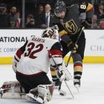 Vegas Golden Knights right wing Alex Tuch tries to score against Arizona Coyotes goaltender Antti Raanta during the second period of an NHL hockey game, Wednesday, March 28, 2018, in Las Vegas. (AP Photo/John Locher)