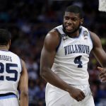 Villanova's Eric Paschall (4) reacts during the first half in the semifinals of the Final Four NCAA college basketball tournament against Kansas, Saturday, March 31, 2018, in San Antonio. (AP Photo/David J. Phillip)