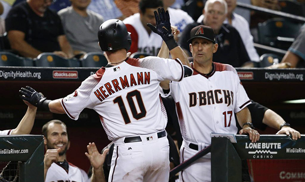 Arizona Diamondbacks' Chris Herrmann (10) celebrates his home run against the Los Angeles Dodgers w...