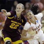 Arizona State guard Courtney Ekmark (22) and Texas guard Jada Underwood (12) battle for the ball during a second-round game in the NCAA women's college basketball tournament, Monday, March 19, 2018, in Austin, Texas. (AP Photo/Eric Gay)