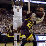 Texas forward Jordan Hosey (5) shoots over Arizona State guard Courtney Ekmark (22) during a second-round game in the NCAA women's college basketball tournament, Monday, March 19, 2018, in Austin, Texas. (AP Photo/Eric Gay)