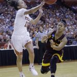 Texas guard Brooke McCarty (11) passes the ball past Arizona State guard Kiara Russell (4) during a second-round game in the NCAA women's college basketball tournament, Monday, March 19, 2018, in Austin, Texas. (AP Photo/Eric Gay)