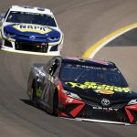 Monster Energy NASCAR Cup Series driver Martin Truex Jr. (78) leads Chase Elliott on the 25th lap during a NASCAR Cup Series auto race on Sunday, March 11, 2018, in Avondale, Ariz. (AP Photo/Rick Scuteri)