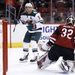 Minnesota Wild left wing Zach Parise (11) skates past Arizona Coyotes goaltender Antti Raanta (32) after scoring a goal against Raanta during the first period of an NHL hockey game Thursday, March 1, 2018, in Glendale, Ariz. (AP Photo/Ross D. Franklin)