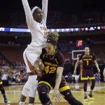 Arizona State forward Kianna Ibis (42) tries to work the ball past Texas guard Lashann Higgs (10) during a second-round game in the NCAA women's college basketball tournament, Monday, March 19, 2018, in Austin, Texas. (AP Photo/Eric Gay)
