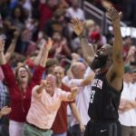 Houston Rockets guard James Harden (13) celebrates after the Rockets hit a shot at the buzzer to beat the Phoenix Suns in an NBA basketball game Friday, March 30, 2018, in Houston. (AP Photo/George Bridges)