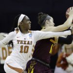Texas guard Lashann Higgs (10) and Arizona State guard Robbi Ryan (11) battle for control of the ball during a second-round game in the NCAA women's college basketball tournament, Monday, March 19, 2018, in Austin, Texas. (AP Photo/Eric Gay)