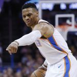 Oklahoma City Thunder guard Russell Westbrook directs a teammate during the first half of the team's NBA basketball game against the Phoenix Suns in Oklahoma City, Thursday, March 8, 2018. (AP Photo/Sue Ogrocki)
